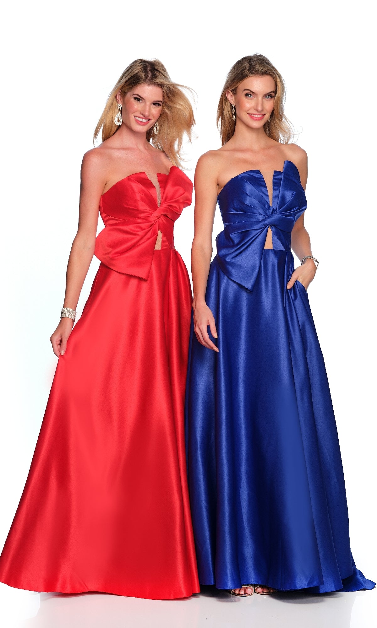 Two women stand side by side in elegant Dave & Johnny 11850 bow-front long prom ball gowns, one in red and one in blue, against a plain white background.